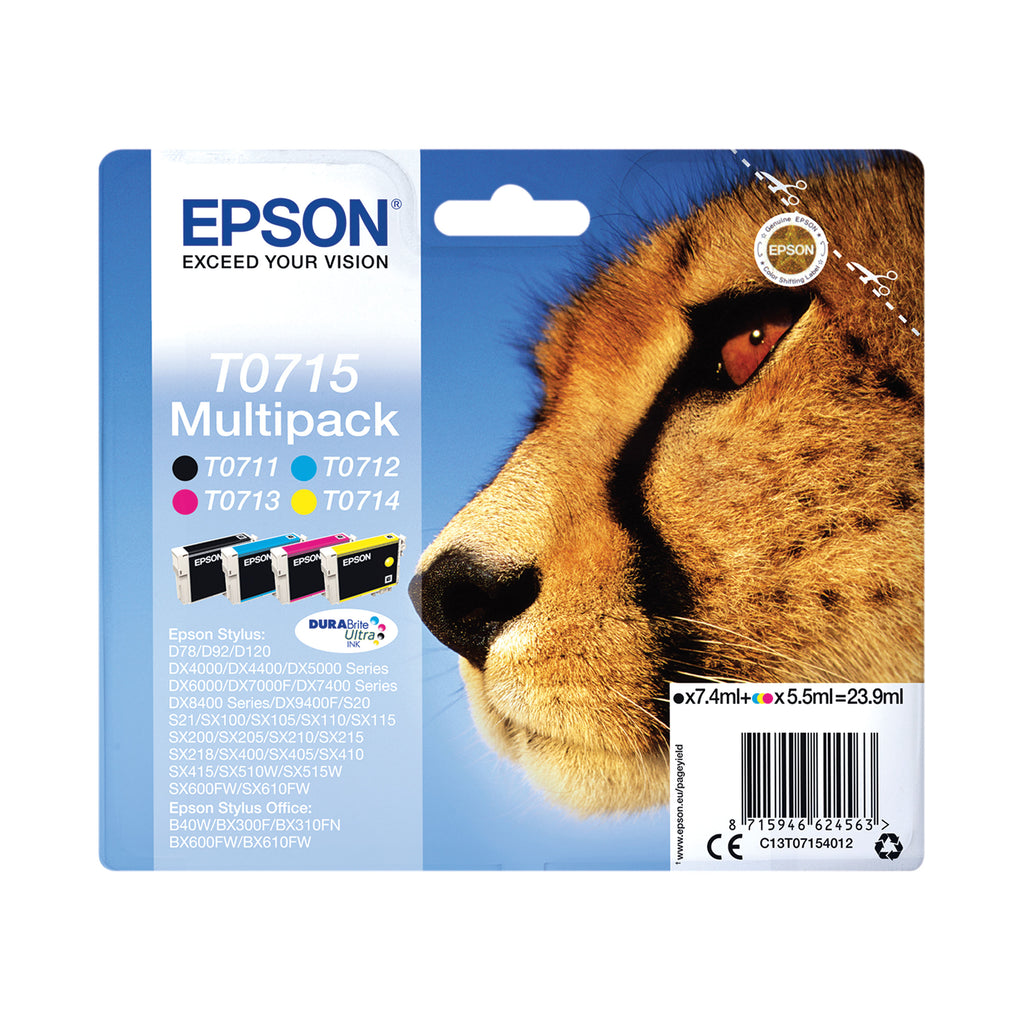 Epson T0715 Cheetah DURABrite Ultra Ink Cartridge CMYK Multipack C13T07154012