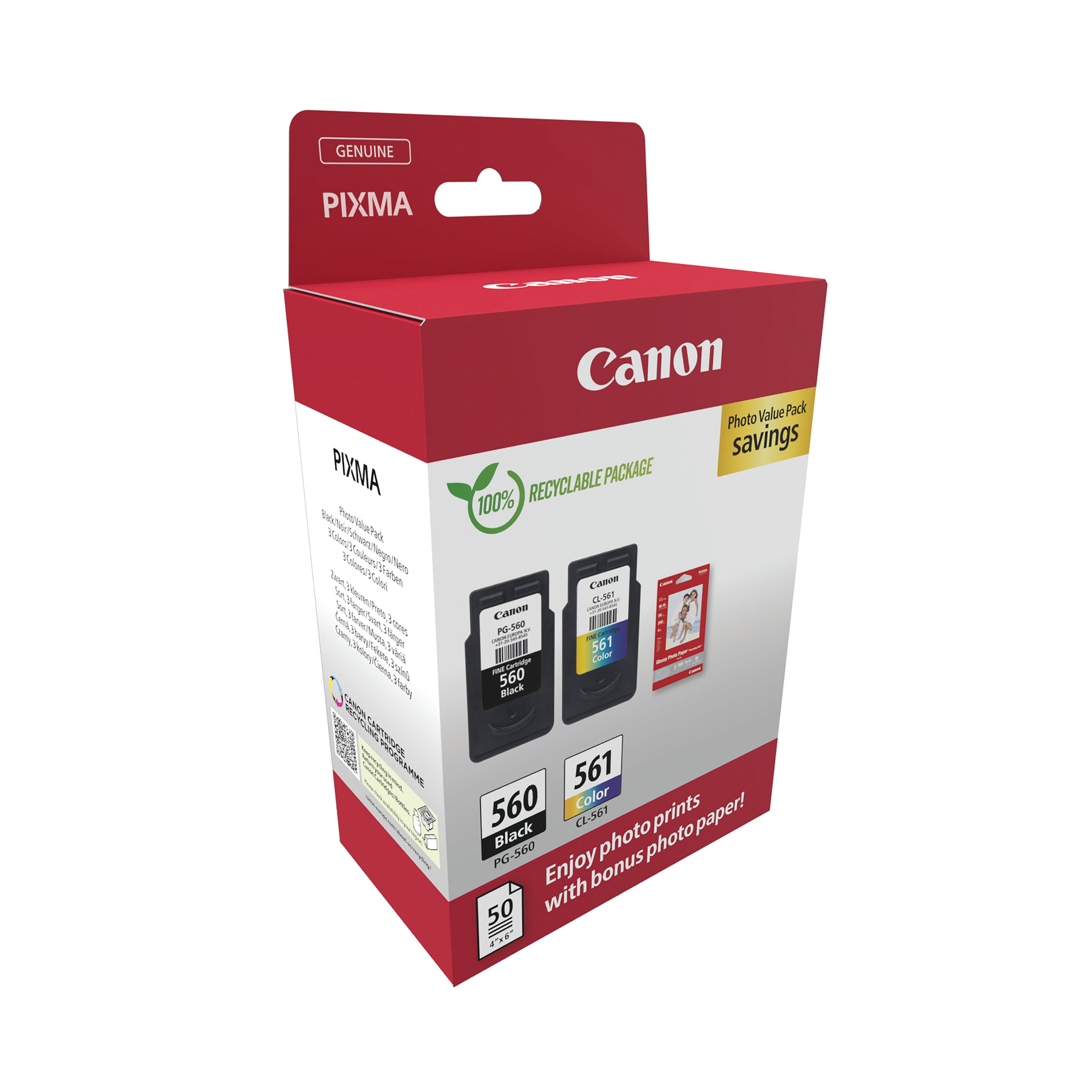 Canon PG-560/CL-561 Ink Cartridge K/CMY + 4 x 6 in Photo Paper Value Pack 3713C008_2