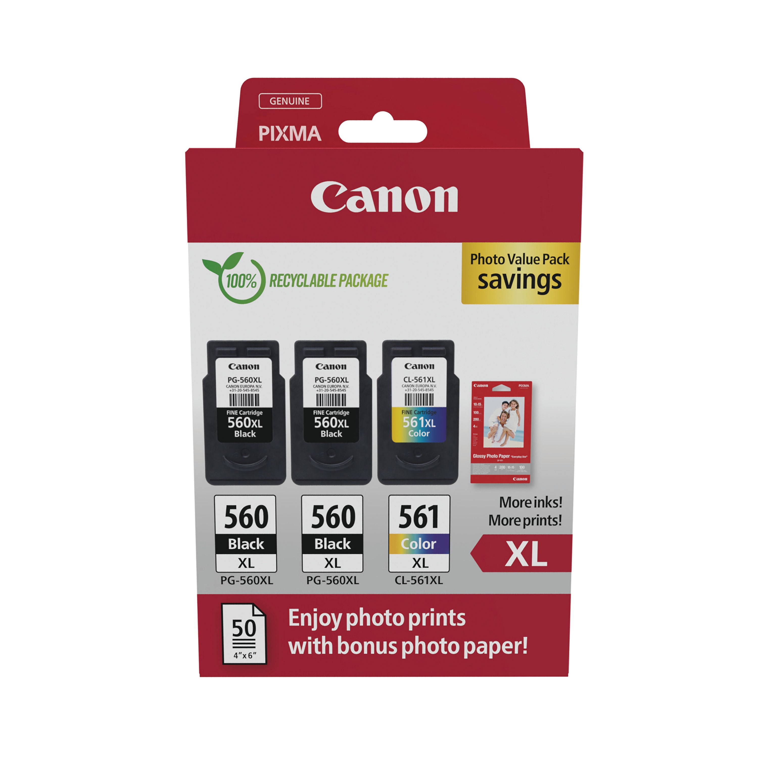 Canon PG-560XL x 2/CL-561XL Ink Cartridges High Yield K/CMY + Photo Value Pack 3712C012