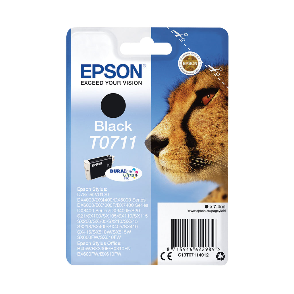Epson T0711 Cheetah DURABrite Ultra Ink Cartridge Black C13T07114012