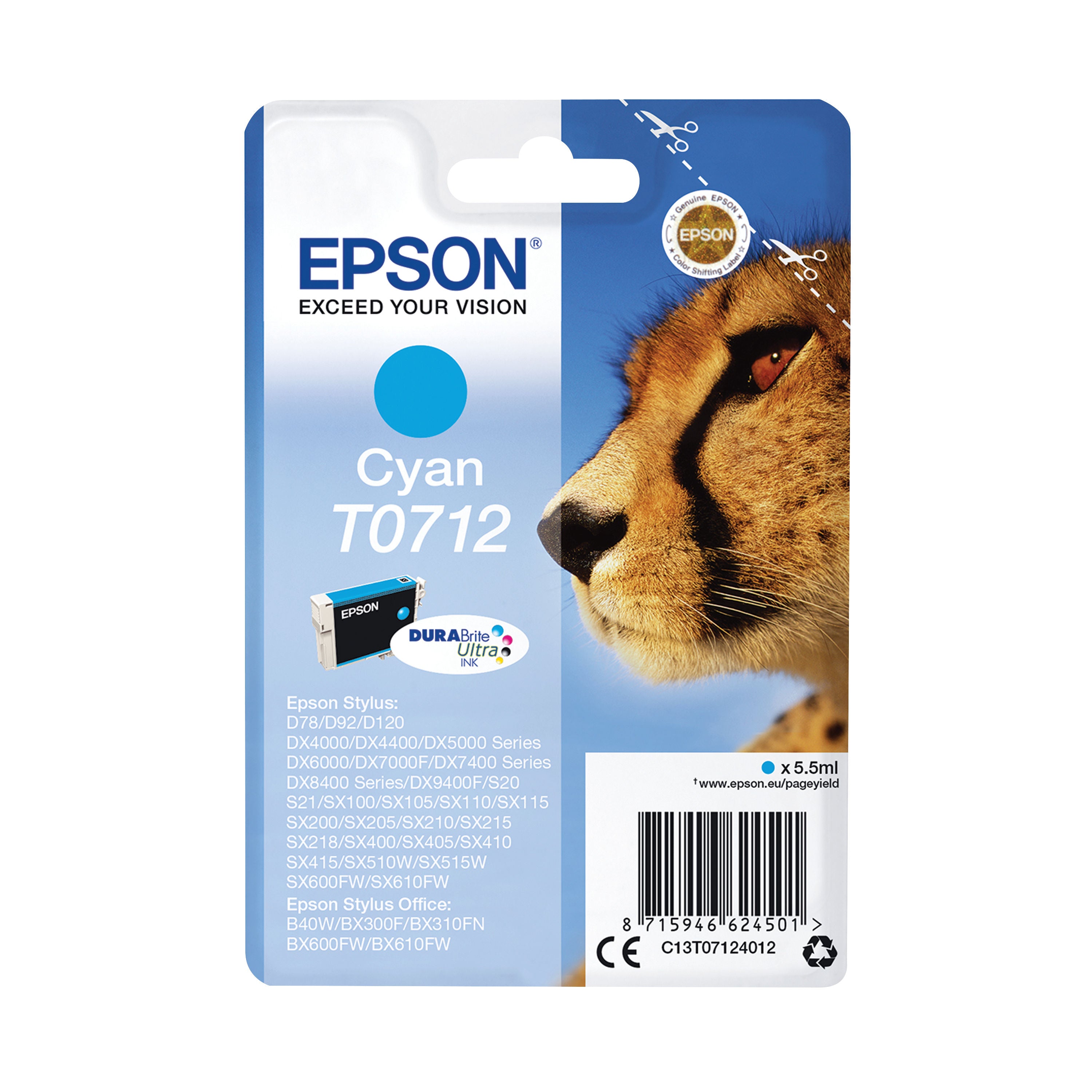 Epson T0712 Cheetah DURABrite Ultra Ink Cartridge Cyan C13T07124012