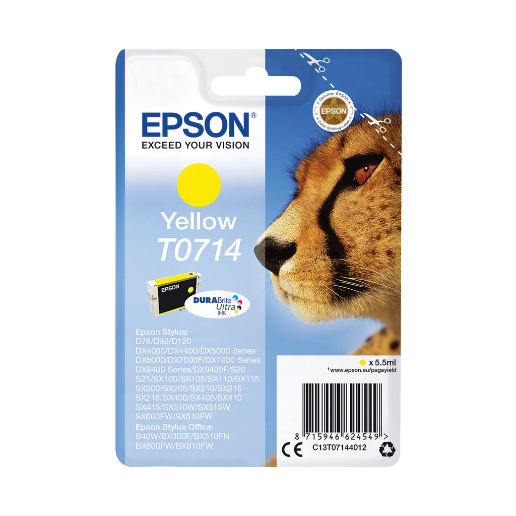 Epson T0714 Cheetah DURABrite Ultra Ink Cartridge Yellow C13T07144012