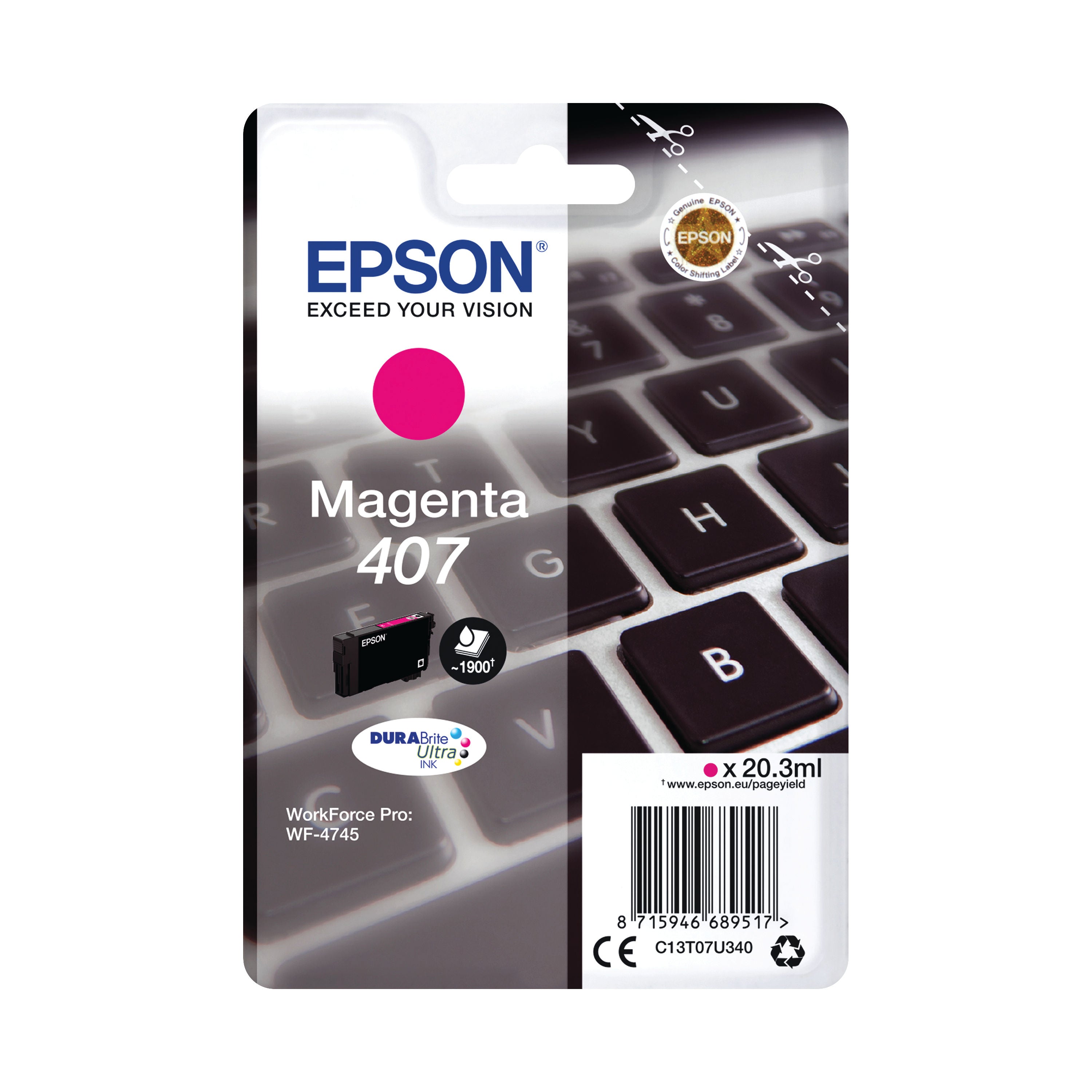 Epson 407 Keyboard DURABrite Ultra Ink Cartridge Magenta C13T07U340