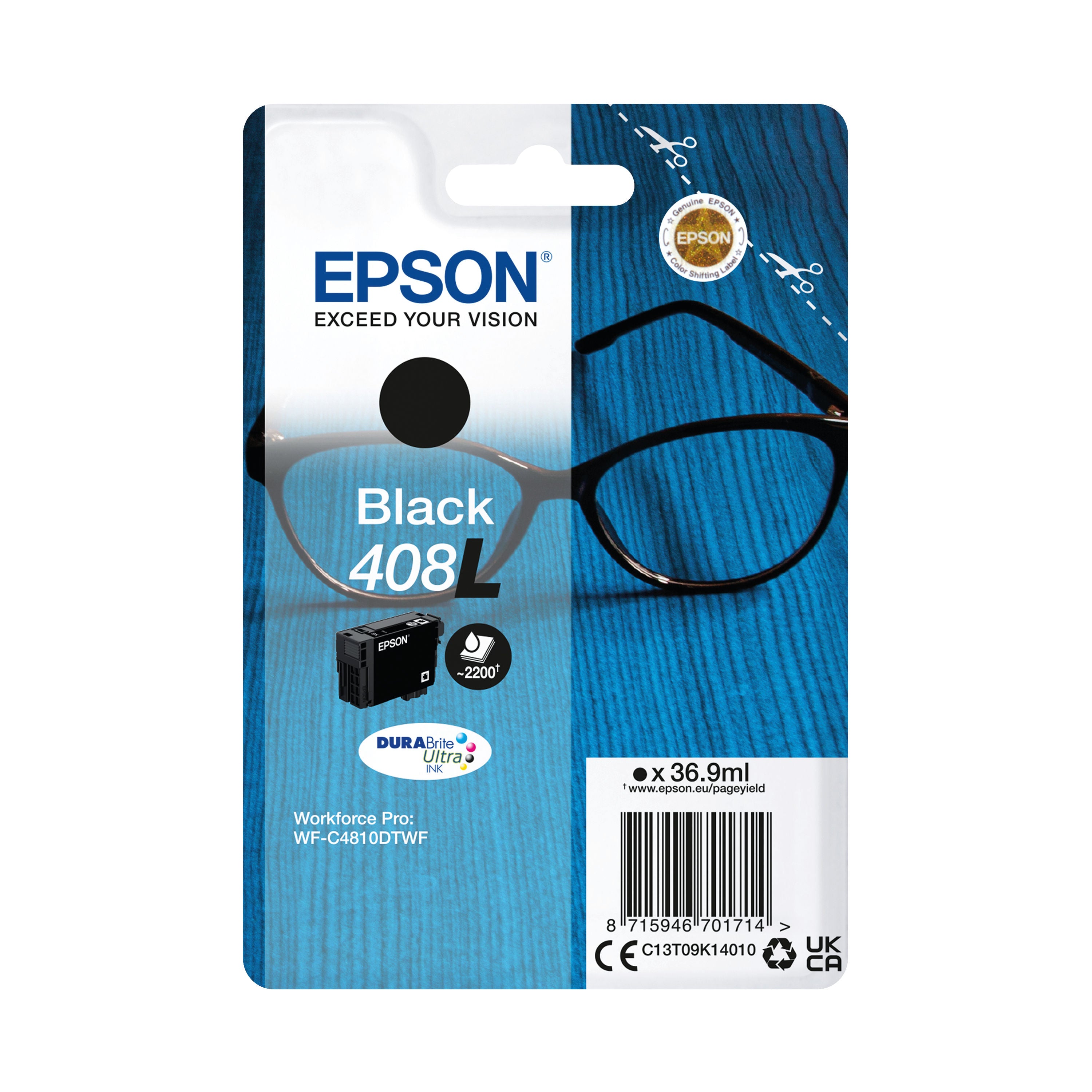 Epson 408L Glasses DURABrite Ultra Ink Cartridge High Yield Black C13T09K14010