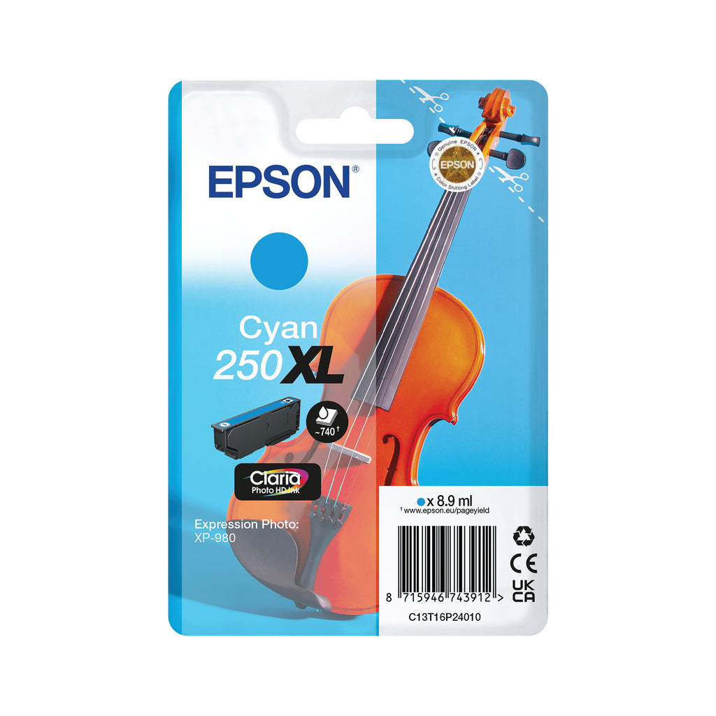 Epson 250XL Violin Claria Photo HD Ink Cartridge High Yield Cyan C13T16P24010